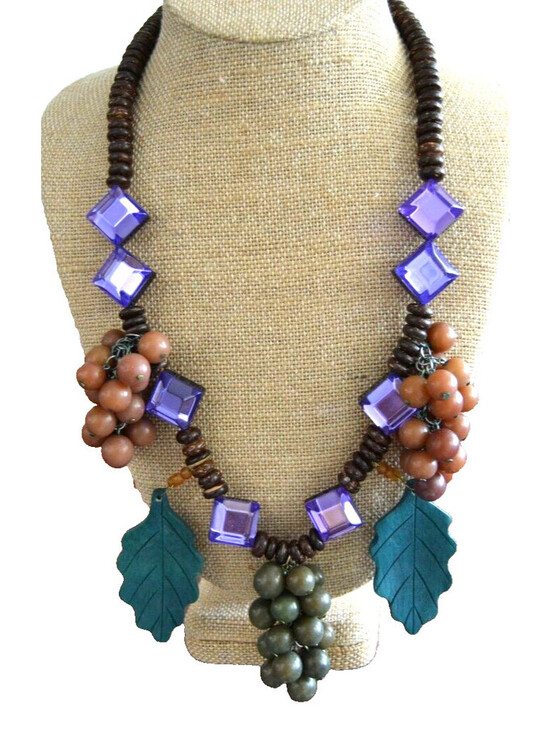 Jewelry - Vintage Statement Necklace Wood Beads Purple Resin Leaves Grape Cluster 22"
